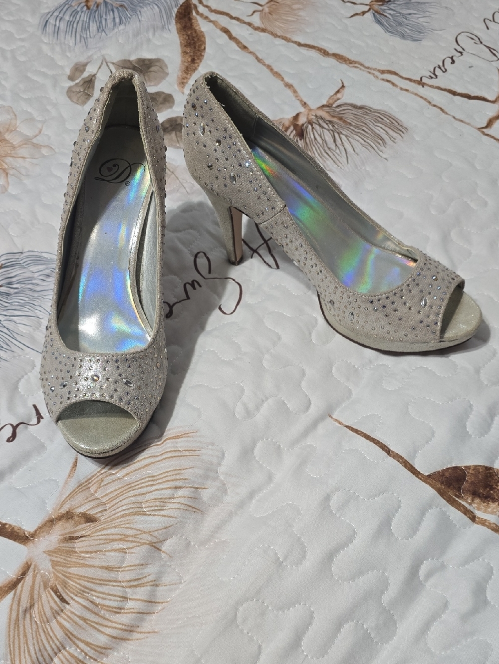 Diva Champagne Rhinestone Peep-Toe Heels - Picture 1 of 1